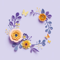 3d render, botanical background, round floral wreath, violet yellow craft paper flowers, festive...