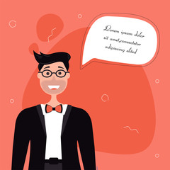 Man with speech bubble. Banner template. Vector illustration on red background