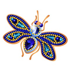 Fly figurine made of precious stones in the form of a brooch isolated on white background. Vector cartoon close-up illustration.