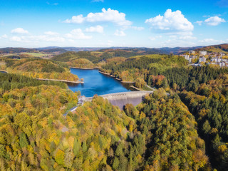 Fototapeta na wymiar Aerial view of the agger dam (Aggertalsperre) in Gummersbach