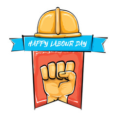 Happy labour day vector label with strong orange fist isolated on white background. vector happy labor day background with man hand. red workers may day poster