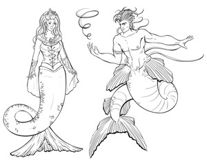 Couple of mermaid and merman. Design for print, poster, banner. Isolated objects on white background. Vector illustration