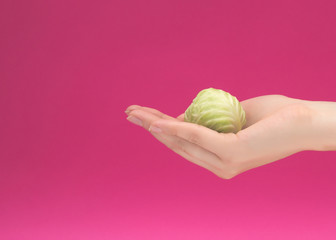 female hand holds brussels sprouts babe on a pink background, the concept of proper nutrition and...