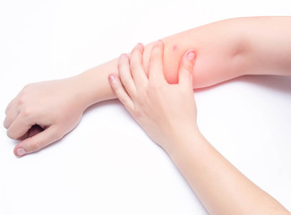 A big red pimple boil on a man s hand, acne treatment, white background, copy space, hygiene