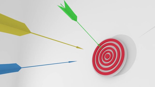 Red dart arrow missed in the target center of dartboard