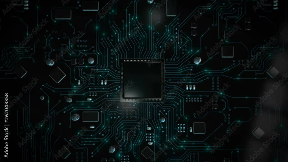 Poster 3D Render animation of AI Artificial intelligence in CPU chipset central processor unit and electric print circuit board with data traffic light on dark and grain processed