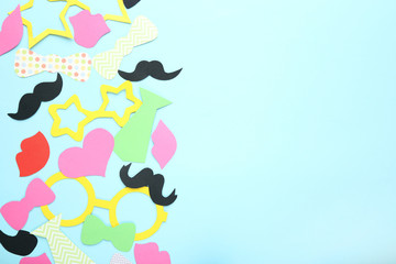 Colorful booth props for party on blue background