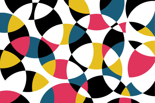 Abstract background pattern made with circular geometric shapes in blue, red, yellow and black colors. Colorful, playful, trendy and modern vector art.