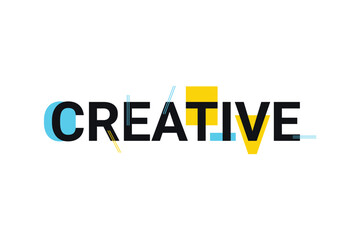 Graphic design of a word "creative" in playful and trendy way with blue and yellow colors. Modern, simple typography.