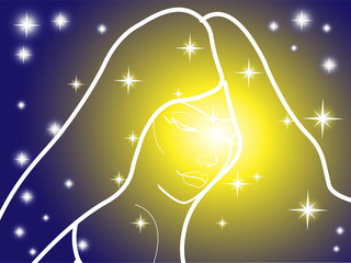 illustration depicting the outlines of a female image on the background of the night starry sky