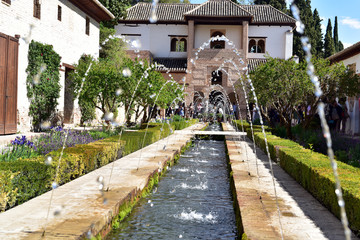 Fountains and ornamental garden in the Alhambra - Patio de la Sultana, Generalife, Granada, Spain