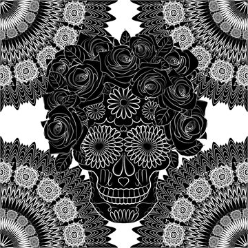 black and white illustration of the skull, a symbol of the traditional Mexican holiday Day of the dead and the Day of angels
