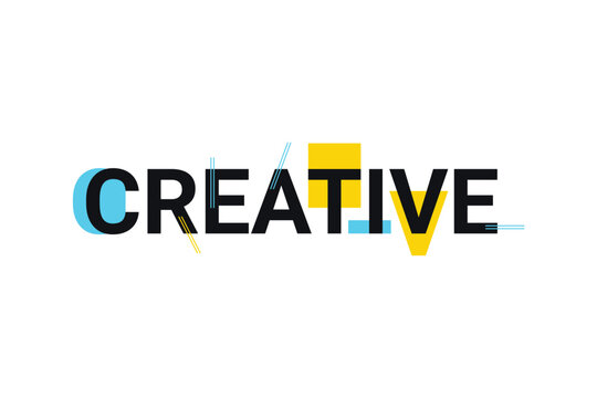 Graphic design of a word "creative" in playful and trendy way with blue and yellow colors. Modern, simple typography.