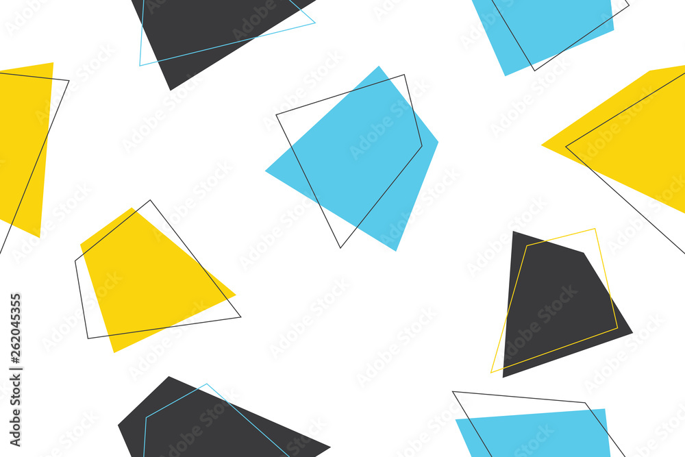 Wall mural Seamless, abstract background pattern made with trapezoids in blue, yellow and grey colors. Modern, trendy, playful vector art.