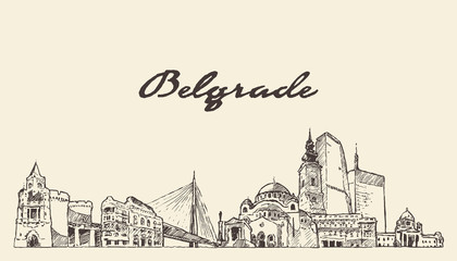 Belgrade skyline Serbia hand drawn vector sketch - obrazy, fototapety, plakaty