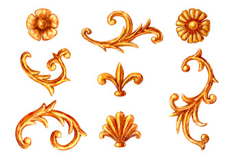 Baroque style elements. Watercolor hand drawn vintage engraving floral scroll filigree frame design set.