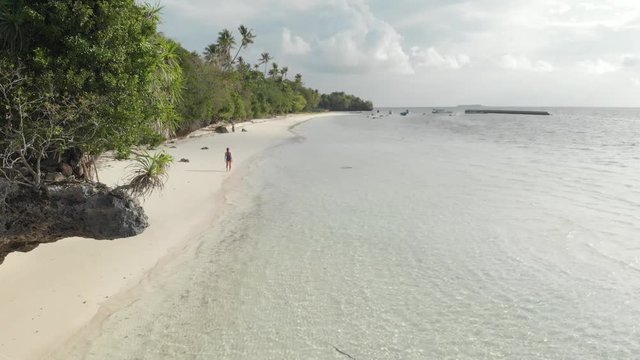 Aerial: Flying over tropical beach turquoise water coral reef , Tomia island Wakatobi National Park Indonesia Maldives Polynesia white sand beach. Native cinelike D-log color profile