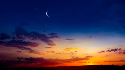 Light from sky . Religion background . The sky at night with stars. New moon . Ramadan background . Prayer time . Dramatic nature background . Arab night . eclipse of the moon - Powered by Adobe