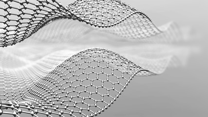 Abstract metal mesh in shape of wave. 3d metal mesh consist of hexagons. Graphene molecular grid. Neural network.3d render - obrazy, fototapety, plakaty