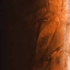 Orange with brown ink and watercolor textures on white paper background. Paint leaks and ombre effects. Hand painted abstract image.