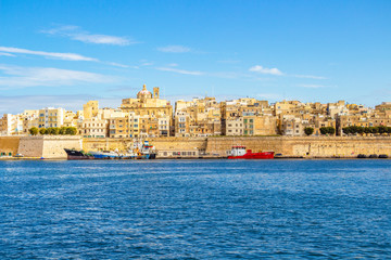 Beautiful Mediterranean Sea view of Senglea, Malta with tankships