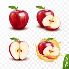 Fotobehang 3d realistic transparent isolated vector set, whole and slice of apple, apple in a splash of juice with drops © Good Job