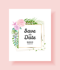 Wedding Invitation card, save the date, thank you, rsvp template. Vector watercolor flowers, Ivy plants.