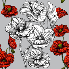 Seamless pattern with red poppies. Hand-drawn floral background for wallpaper, wrapping paper, pattern fills, gift packaging, printing.