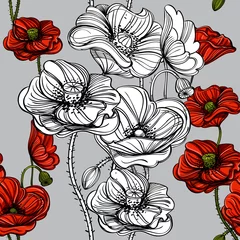 Wallpaper murals Poppies Seamless pattern with red poppies. Hand-drawn floral background for wallpaper, wrapping paper, pattern fills, gift packaging, printing.
