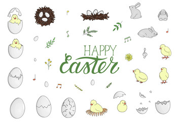 Vector set of hatching chicks, rabbits, eggs, herbs, flowers isolated on white. Cute cartoon style illustration. Hand drawn doodle Easter collection with lettering. Children illustration..