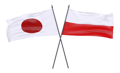 Japan and Poland, two crossed flags isolated on white background. 3d image