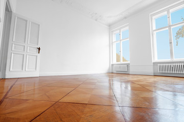 empty room, new flat old building with wooden  parquet floor