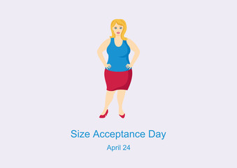 Size Acceptance Day vector. International No Diet Day. Curvy woman vector. Cheerful fat woman illustration. Happy plus size fashion model in a red skirt vector