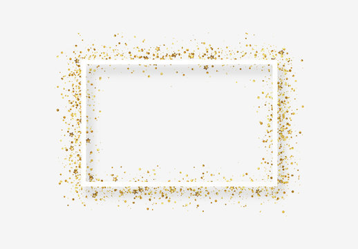 Decorative frame with glitter tinsel of confetti. Glow border of gold stars and dots points