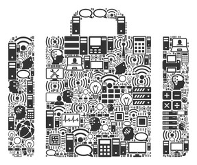 Baggage mosaic icon combined for bigdata and computing purposes. Vector baggage mosaics are combined from computer, calculator, connections, wi-fi, network, interface components into abstract pattern.