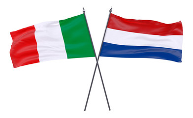 Italy and Netherlands, two crossed flags isolated on white background. 3d image