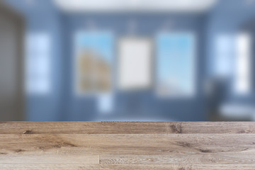 Blue bathroom with two washbasins and large windows. Blank paintings.  Mockup. 3D rendering. wooden table