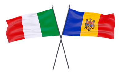 Italy and Moldova, two crossed flags isolated on white background. 3d image