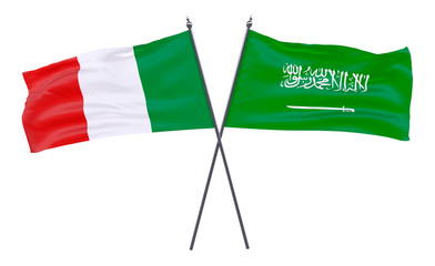 Italy and Saudi Arabia, two crossed flags isolated on white background. 3d image