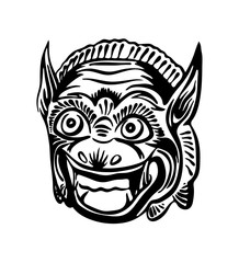 Hand drawn Barong mask. Vector black ink drawing isolated on white background. Graphic illustration