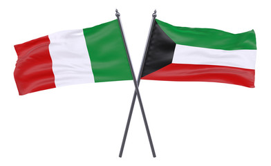 Italy and Kuwait, two crossed flags isolated on white background. 3d image