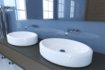 Fototapeta premium View of the sinks in the bathroom with glossy tiles and a large mirror. 3D rendering
