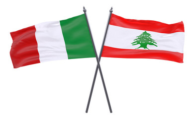 Italy and Lebanon, two crossed flags isolated on white background. 3d image