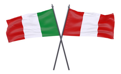 Italy and Peru, two crossed flags isolated on white background. 3d image