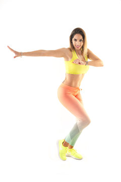 Zumba Dance Fitness Instructor Doing Sport Aerobic Exercises. Motivational Coach