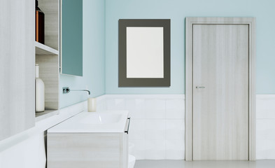 Fototapeta premium View of the bathroom with modern furniture and a door in bright colors.. 3D rendering. Mockup. Blank paintings.