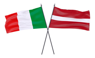 Italy and Latvia, two crossed flags isolated on white background. 3d image