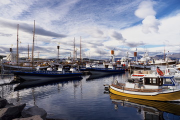 Fototapeta na wymiar View of the harbour of Husavik in Iceland