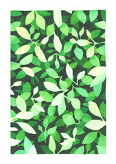  Hand drawn watercolor pattern. Beautiful green leaves painted in negative space drawing technique.