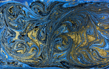 Blue marbling pattern. Golden marble liquid texture.
